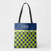 Navy Blue Polka Dots op Lime Green Monogram Tote Bag (Voorkant)