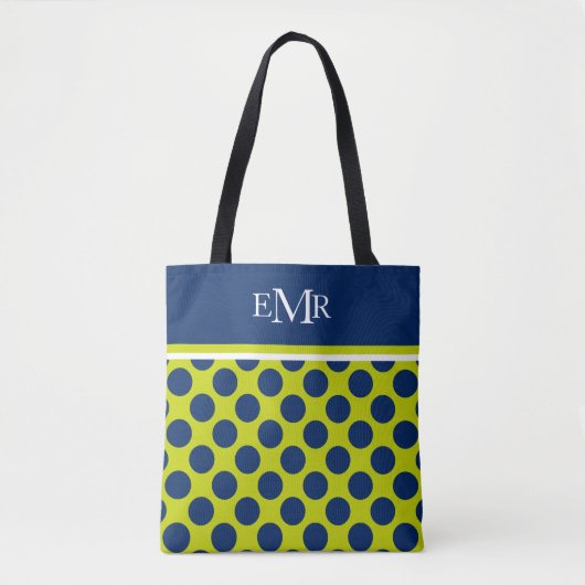 Navy Blue Polka Dots op Lime Green Monogram Tote Bag (Voorkant)