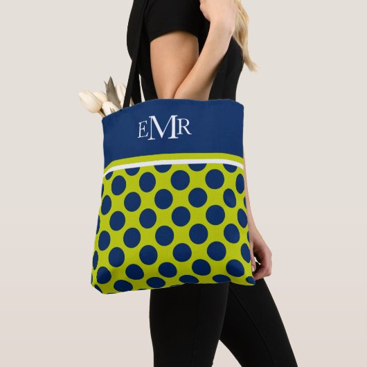 Navy Blue Polka Dots op Lime Green Monogram Tote Bag (Dichtbij)