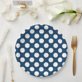 Navy Blue Polka Dots, Polka Dot Pattern, Stippen Papieren Bordje