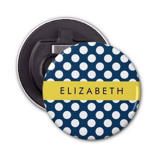 Navy Blue Polka stippen, Polka dotpatroon, Jouw na Button Flesopener (Voorkant)