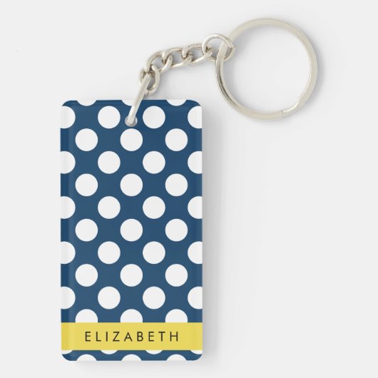 Navy Blue Polka stippen, Polka dotpatroon, Jouw na Sleutelhanger (achterkant)