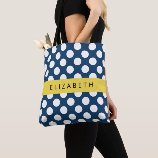 Navy Blue Polka stippen, Polka dotpatroon, Jouw na Tote Bag (Dichtbij)