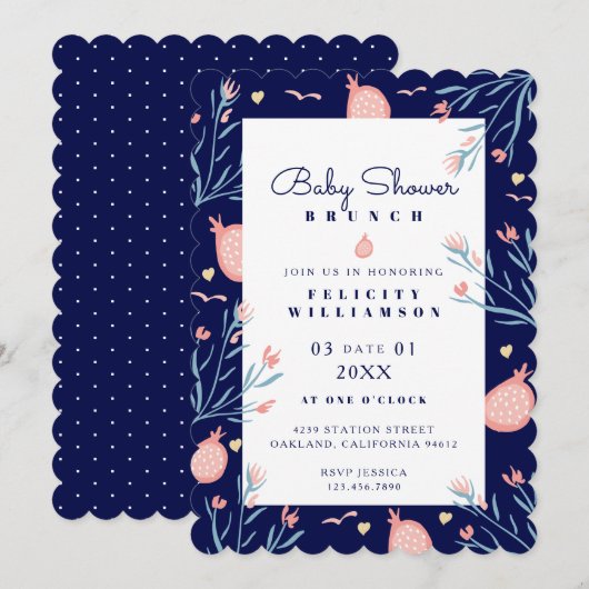 Navy Blue Pomegranate en Florals Baby shower Brunc Kaart (Voorkant / Achterkant)