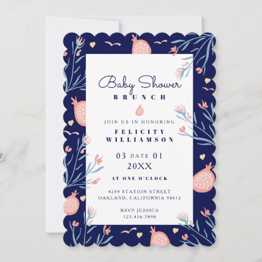 Navy Blue Pomegranate en Florals Baby shower Brunc Kaart (Voorkant)