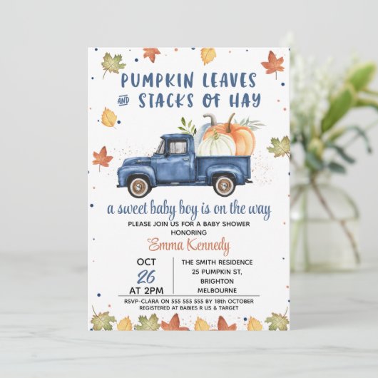 Navy Blue Pompoen Truck Herfst Baby Shower Kaart (Staand voorkant)