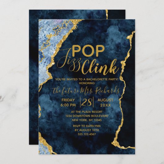 Navy Blue Pop Fizz Clink Bachelorette Party Uitnod Kaart (Voorkant / Achterkant)