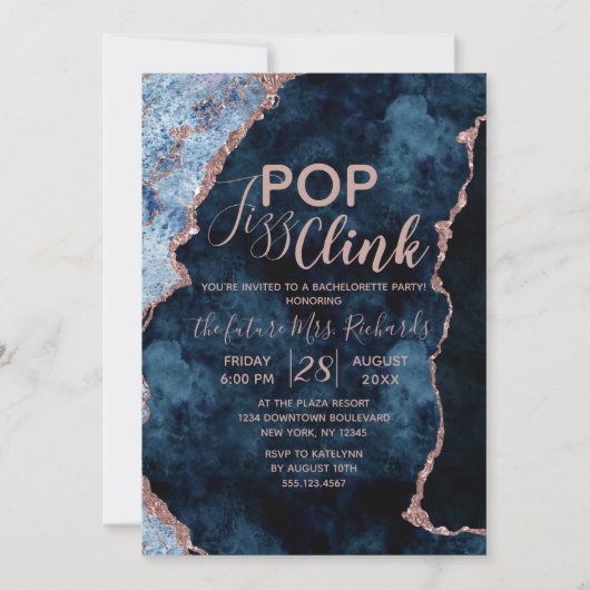 Navy Blue Pop Fizz Clink Bachelorette Party Uitnod Kaart (Voorkant)
