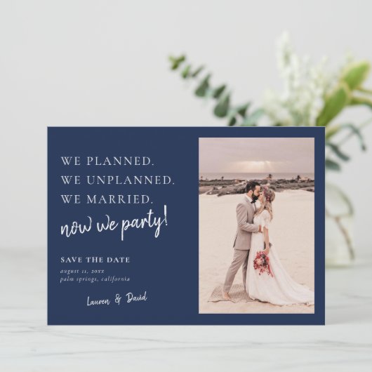 Navy Blue Post Wedding Update Save the Date (Staand voorkant)