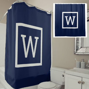 Navy Blue Preppy Grafische Rand Monogram Douchegordijn