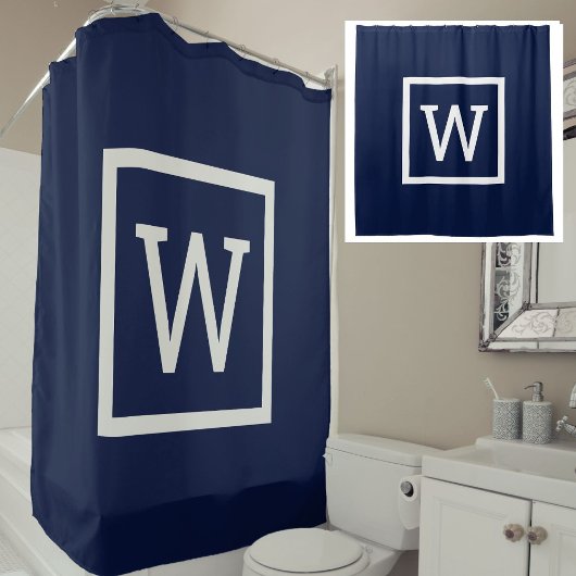 Navy Blue Preppy Grafische Rand Monogram Douchegordijn