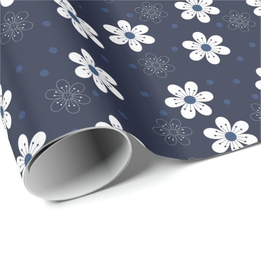 Navy Blue Pretty Floral Pattern Cadeaupapier (Rol Hoek)