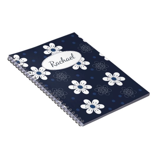 Navy Blue Pretty Floral Personalised Notitieboek (Rechterzijde)