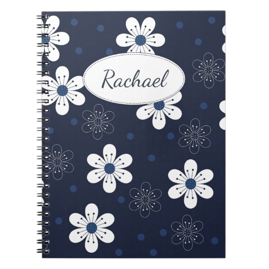 Navy Blue Pretty Floral Personalised Notitieboek (Voorkant)