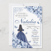 Navy Blue Princess & Butterflies Tiara Quinceañera Kaart (Voorkant)