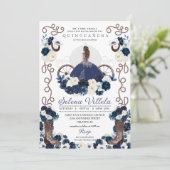 Navy Blue Princess Dress & Boots Quinceañera Kaart (Staand voorkant)