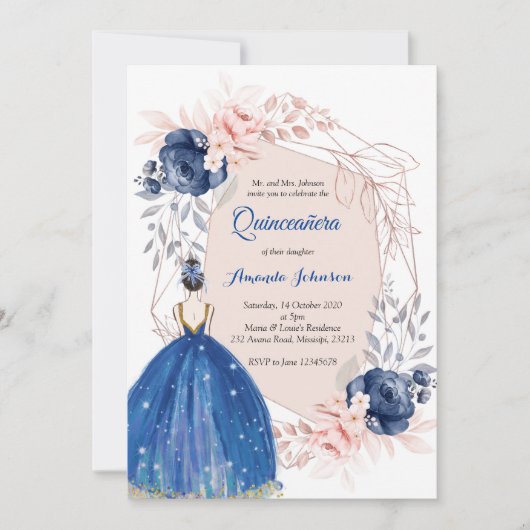 Navy Blue Princess Quinceañera Spaanse 15 Verjaard Kaart (Voorkant)