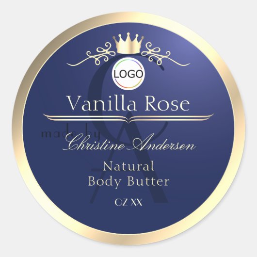 Navy Blue Product Label Gold Frame Logo Monogram (Voorkant)