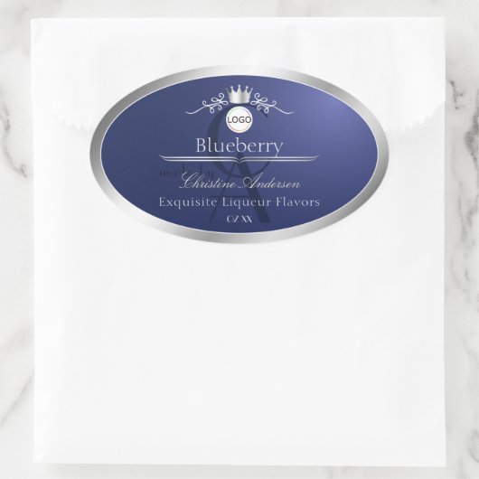 Navy Blue Product Label Silver Frame Logo Monogram (Tas)