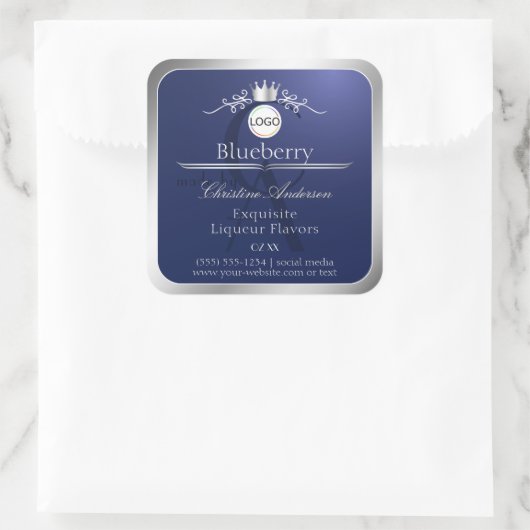 Navy Blue Product Label Silver Frame Logo Monogram (Tas)