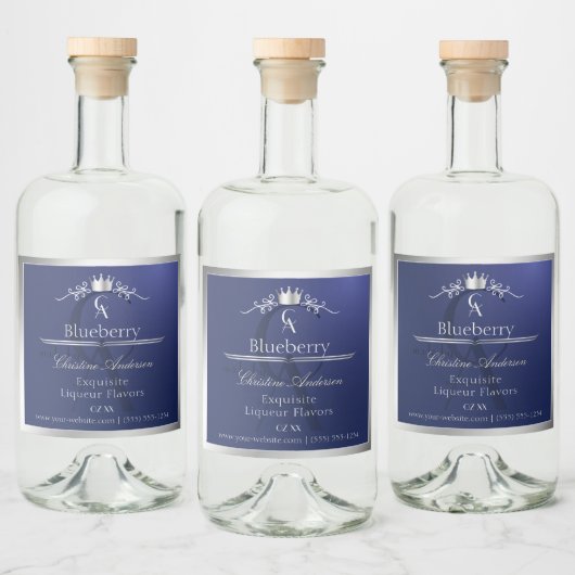 Navy Blue Product Label with Silver Frame Monogram Likeurfles Etiket (Flessen)