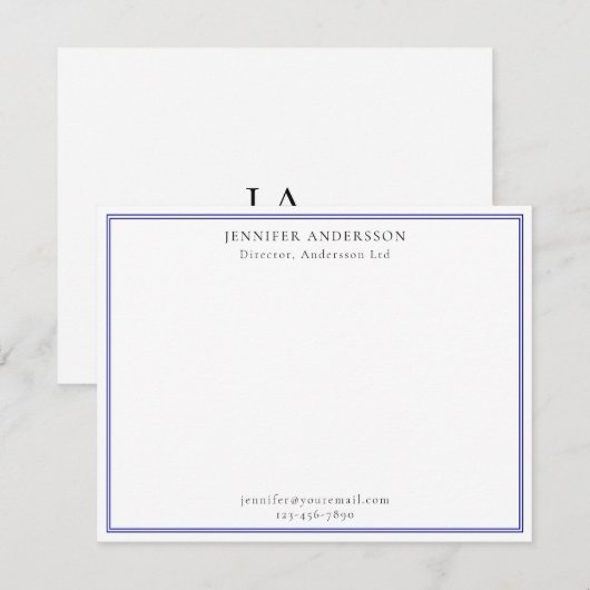 Navy Blue Professional-minimalismonogram Notitiekaartje (Voorkant / Achterkant)