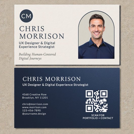 Navy Blue Professional QR Code Photo Metallic Visitekaartje