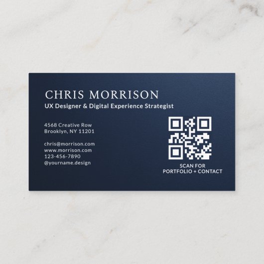 Navy Blue Professional QR Code Photo Metallic Visitekaartje (Achterkant)