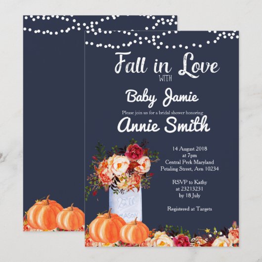 Navy Blue Pumpkin baby shower uitnodiging (Voorkant / Achterkant)