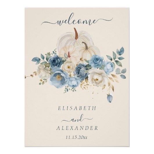 Navy Blue Pumpkin FallinLove Wedding Glossy Poster (Voorkant)