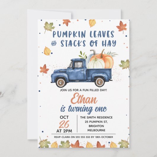 Navy Blue Pumpkin Truck Herfst 1e verjaardag Kaart (Voorkant)