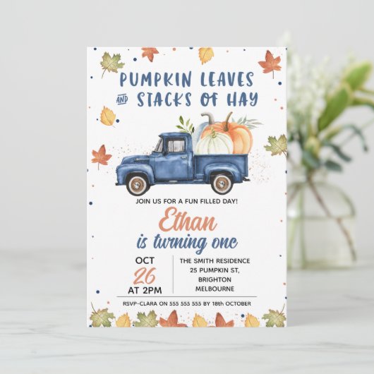 Navy Blue Pumpkin Truck Herfst 1e verjaardag Kaart (Staand voorkant)