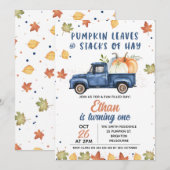 Navy Blue Pumpkin Truck Herfst 1e verjaardag Kaart (Voorkant / Achterkant)