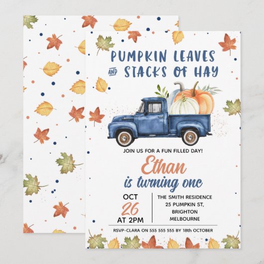 Navy Blue Pumpkin Truck Herfst 1e verjaardag Kaart (Voorkant / Achterkant)