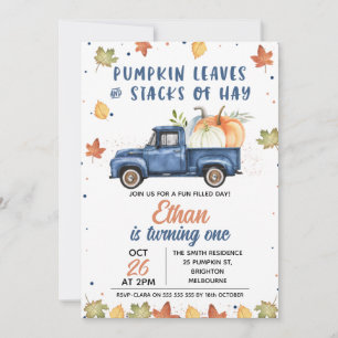 Navy Blue Pumpkin Truck Herfst 1e verjaardag Kaart