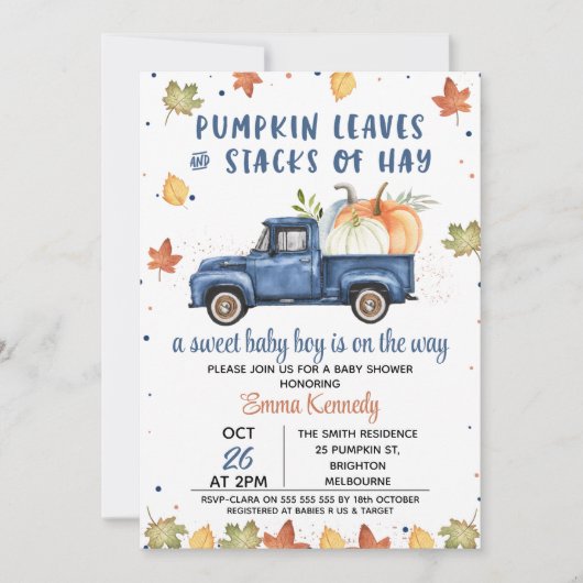 Navy Blue Pumpkin Truck Herfst Baby shower Kaart (Voorkant)