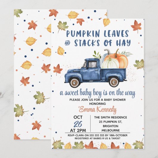 Navy Blue Pumpkin Truck Herfst Baby shower Kaart (Voorkant / Achterkant)