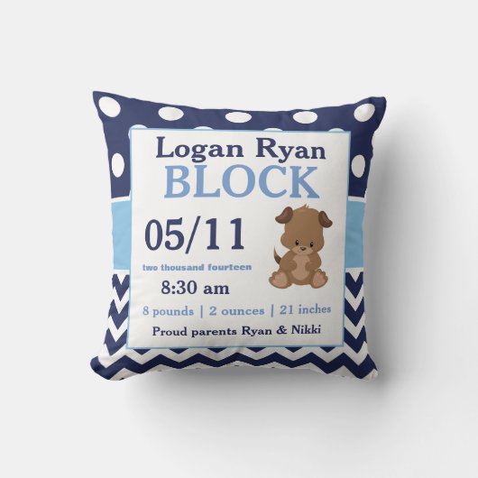 Navy Blue Puppy Baby Announcement Pillow Kussen (Voorkant)