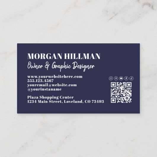 Navy Blue QR Code Eenvoudig Monogram Visitekaartje (Achterkant)