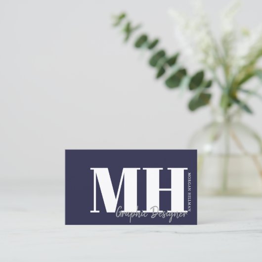 Navy Blue QR Code Eenvoudig Monogram Visitekaartje (Staand voorkant)