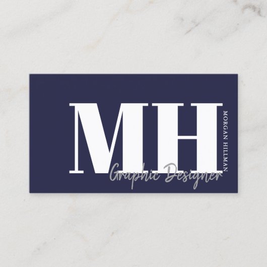 Navy Blue QR Code Eenvoudig Monogram Visitekaartje (Voorkant)