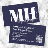 Navy Blue QR Code Eenvoudig Monogram Visitekaartje