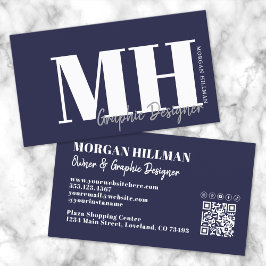 Navy Blue QR Code Eenvoudig Monogram Visitekaartje