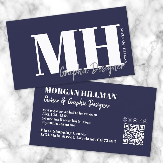 Navy Blue QR Code Eenvoudig Monogram Visitekaartje