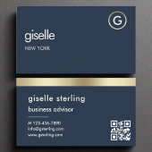 Navy Blue QR Code Faux Gold Folie Monogram Visitekaartje