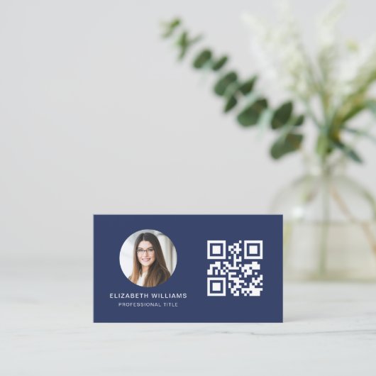 Navy Blue QR Code Foto Monogram Minimalistisch Visitekaartje (Staand voorkant)