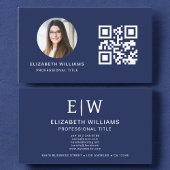 Navy Blue QR Code Foto Monogram Minimalistisch Visitekaartje