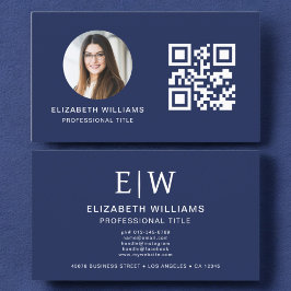 Navy Blue QR Code Foto Monogram Minimalistisch Visitekaartje