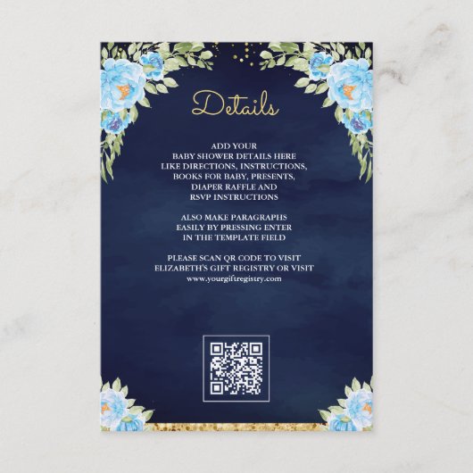 Navy Blue QR Code Gift Registry Baby shower Informatiekaartje (Voorkant)