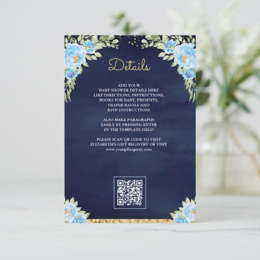 Navy Blue QR Code Gift Registry Baby shower Informatiekaartje (Staand voorkant)